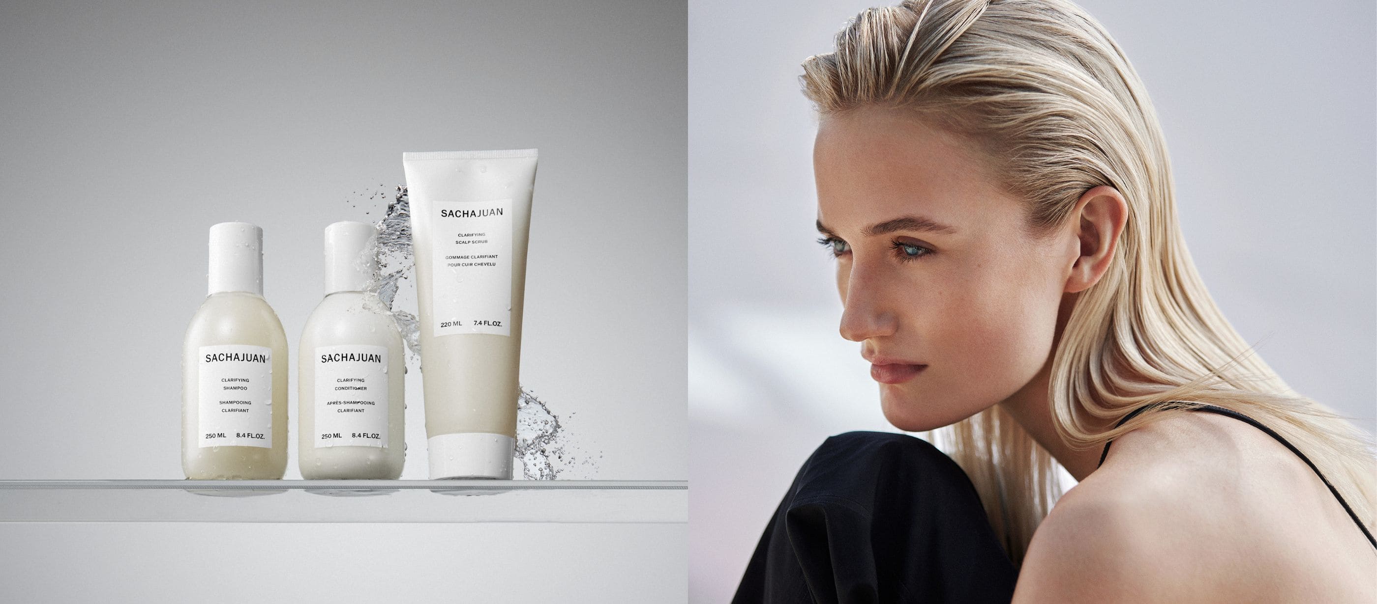 Clarifying products on a shelf with a woman on a gray background